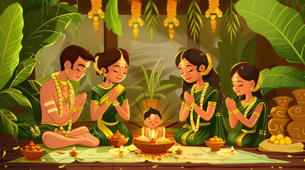 set of Vishu a cartoon characters and design elements. On Vishu day, family members wake up at sunrise and go to the shrine room with their eyes closed