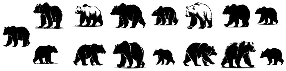 bear silhouette collection. Set of black bear silhouette. Big Bundle, isolated on transparent background, Vector Designs - obrazy, fototapety, plakaty