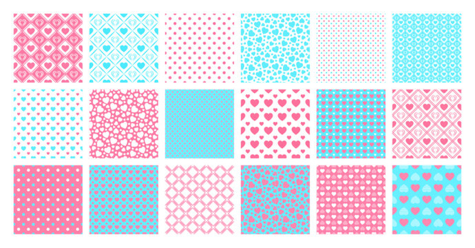 Baby shower seamless patterns set. Cute love hearts and dots vector illustration. Easter simple backgrounds collection. Heart symbol and circle template print for wrapping, textile, birthday designs.