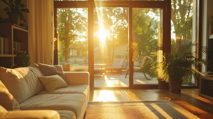 A living room with natural light streaming through energy-efficient windows, highlighting eco-friendly design.