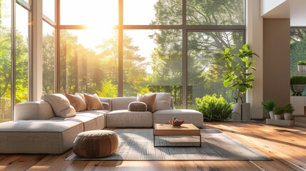 A living room with natural light streaming through energy-efficient windows, highlighting eco-friendly design.