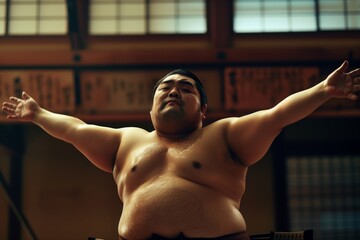 sumo wrestler with outstretched arms in victory pose