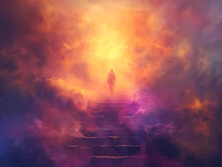 Fotobehang A man is walking up a set of stairs in a colorful, surreal landscape © inspiretta