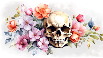 skull with flowers , watercolor illustration, png on transparent background