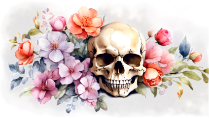 skull with flowers , watercolor illustration, png on transparent background