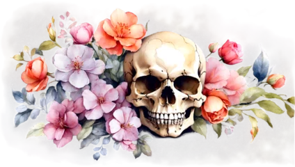 Papier Peint photo autocollant Crâne aquarelle skull with flowers , watercolor illustration, png on transparent background