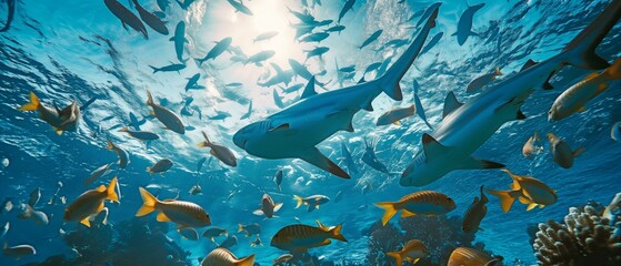 a large number of tropical fish and nurse sharks in the deep water. Fish and shark school in the...