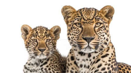 Male leopard and cub portrait with space for text, object on side, ideal for detailed captions