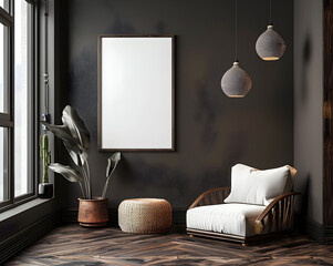 Home blank mockup frame interior background, dark brown room with minimal decor