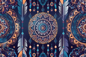 Bohemian vector wallpaper pattern with intricate mandalas, feathers, and beads, channeling a 70s hippie vibe