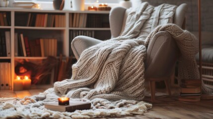 Fototapeta na wymiar A cozy reading nook with a plush armchair draped in a thick, knitted blanket and a warm rug beneath