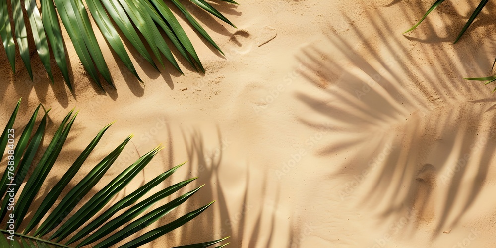Poster palm tree is on the sand with its leaves casting a shadow. concept of relaxation and tranquility, as