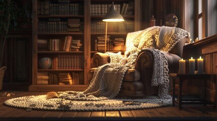 A cozy reading nook with a plush armchair draped in a thick, knitted blanket and a warm rug beneath - obrazy, fototapety, plakaty