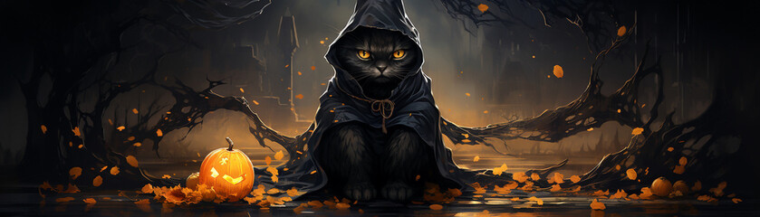 Whimsical black cat in wizard robe sitting in a spooky hollowing - obrazy, fototapety, plakaty