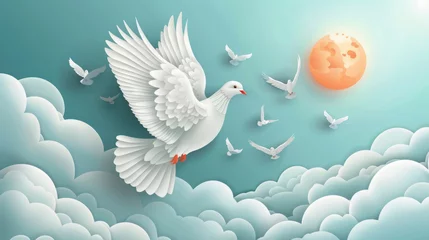 Fotobehang Digital artwork depicting a white dove leading a flock across a teal sky, with a stylized orange sun setting in the background. © khonkangrua