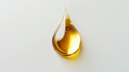 A drop of golden oil. Yellow serum on a white background. Water bubble for cosmetics design.