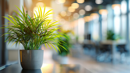 Fototapeta premium Blurred office interior background with panoramic windows and light from the window with green plant. Blurred office space with a business concept banner template 