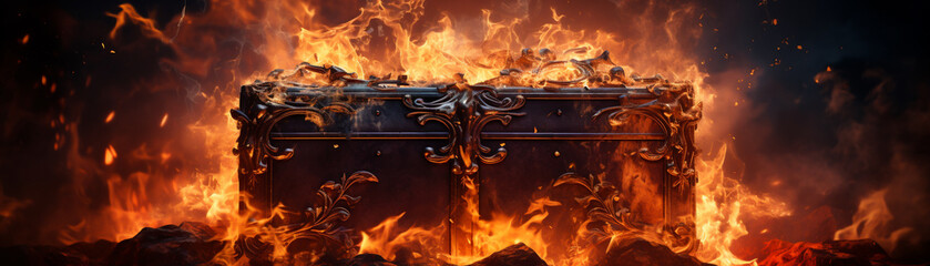 Ancient treasure chest in flames wideangle dramatic contrast between the dark chest and bright leaping flames  close-up - obrazy, fototapety, plakaty