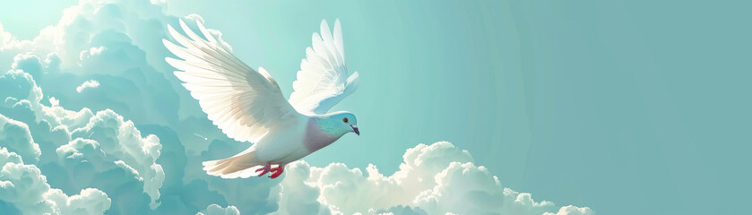 An elegant dove in motion, soaring through a vivid cloudscape with fluffy clouds, symbolizing peace and tranquility in nature. - obrazy, fototapety, plakaty