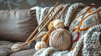 Vintage wooden knitting needles and threads on a cozy sofa with