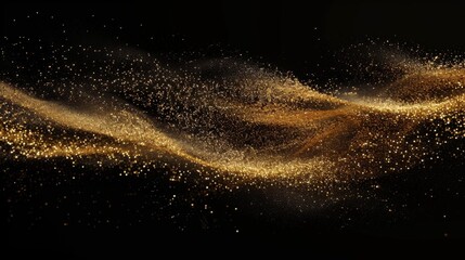Gold glitter on a black background. Sparkling waves. Shiny dust glows.