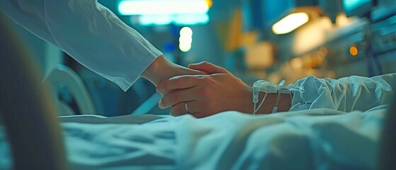 A female doctor hands the ailing man's hospital bed. unit of intensive care. Simple human care given to individuals in critical condition