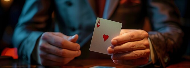 Ace card comes out of man suit's jacket pocket. exclusive profit and advantage. Method or tactic of manipulation. - obrazy, fototapety, plakaty