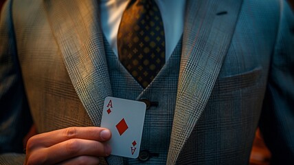 Ace card comes out of man suit's jacket pocket. exclusive profit and advantage. Method or tactic of manipulation. - obrazy, fototapety, plakaty