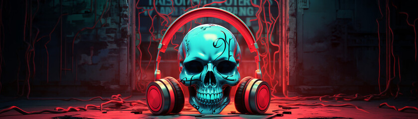 Neonlit retro cranium with earphones and cassette tape vibrant glow outlining the skull symbolizing vintage audio rebellion  graphic design - obrazy, fototapety, plakaty
