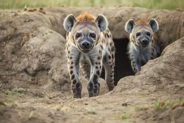 Poster hyena cubs playfully peeking from a burrow in the savannah © studioworkstock