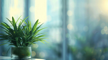 Blurred office interior background with panoramic windows and light from the window with green plant. Blurred office space with a business concept banner template 
