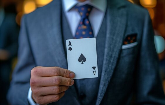 Ace card comes out of man suit's jacket pocket. exclusive profit and advantage. Method or tactic of manipulation.