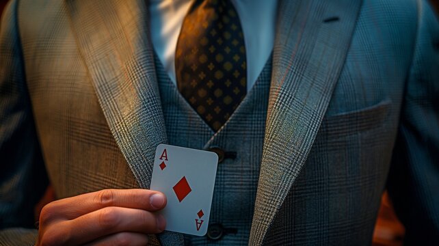 Ace card comes out of man suit's jacket pocket. exclusive profit and advantage. Method or tactic of manipulation.