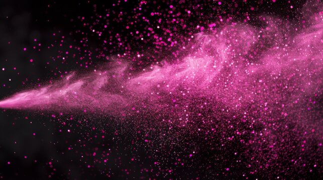 Spray of pink glitter on a black background. Star dust jet. Splash shining effect. Template for holiday and beauty design.