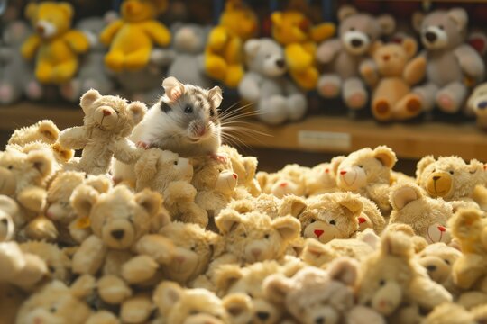 hamster climbing over a mountain of teddy bears