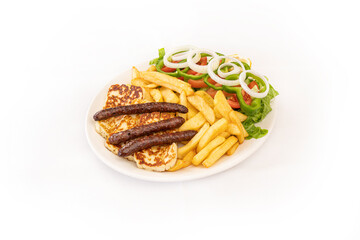 grilled sausages and halloumi with french fries and salad