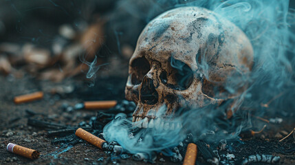A skull engulfed in a swirling vortex of smoke, with burnt out cigarettes scattered on the ground, - obrazy, fototapety, plakaty