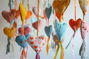handsewn mobile with textile hearts and ribbons in nursery - obrazy, fototapety, plakaty