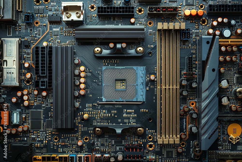 Poster immerse yourself in the artistry of a realistic depiction of a motherboard, showcasing intricate cir
