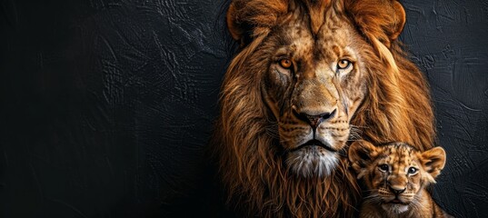 Majestic male lion and lion cub portrait with ample text room, object placed on the right side - obrazy, fototapety, plakaty