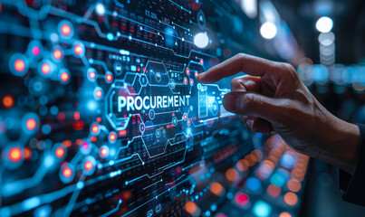 Business professional displaying icons representing key aspects of procurement process, digital transformation of supply chain management through mobile technology and data-driven insights - obrazy, fototapety, plakaty