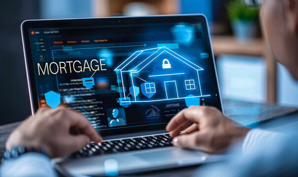 Person using a laptop with a digital mortgage application or real estate interface displaying house icon, representing the modern process of securing home loans or exploring real estate options online
