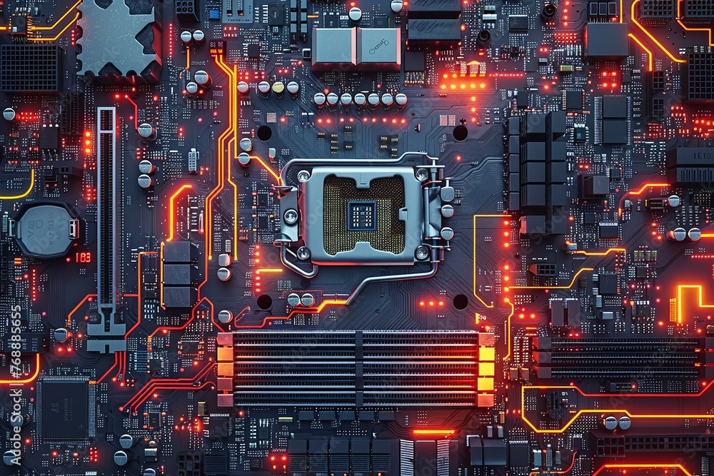Poster immerse yourself in the artistry of a realistic depiction of a motherboard, showcasing intricate cir