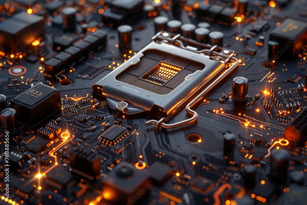 Poster immerse yourself in the artistry of a realistic depiction of a motherboard, showcasing intricate cir