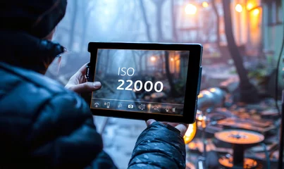 Fotobehang Professional photographer or videographer holding digital tablet showcasing extremely high 22000 ISO setting, exceptional low-light performance & sensitivity capturing images or videos in dim lighting © Bartek