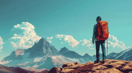 Fotobehang A lone hiker with a vibrant orange backpack stands on a rocky outcrop, gazing at a stunning mountainous vista under a clear blue sky. © Sodapeaw