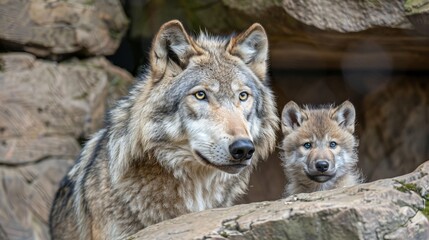 Fototapeta premium Majestic male wolf and adorable cub portrait, space for text, object on the side