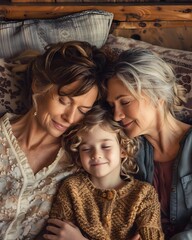 Fototapeta premium Heartwarming Three Family Portrait on Cozy Living Room Couch with Ample Negative Space