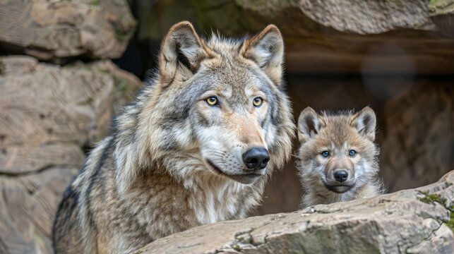 Majestic male wolf and adorable cub portrait, space for text, object on the side