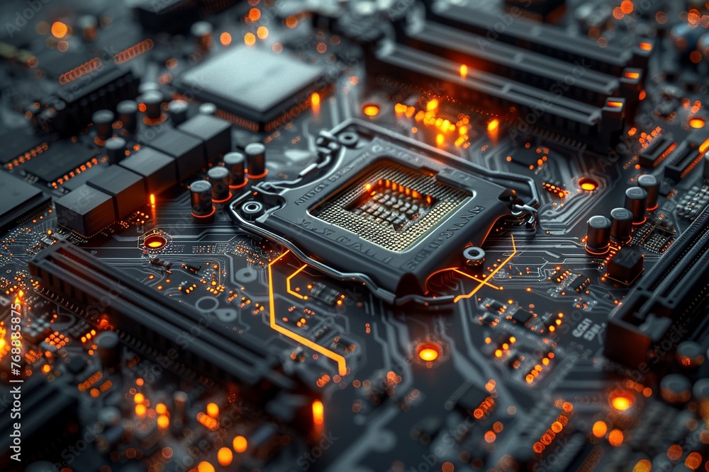 Poster immerse yourself in the artistry of a realistic depiction of a motherboard, showcasing intricate cir
